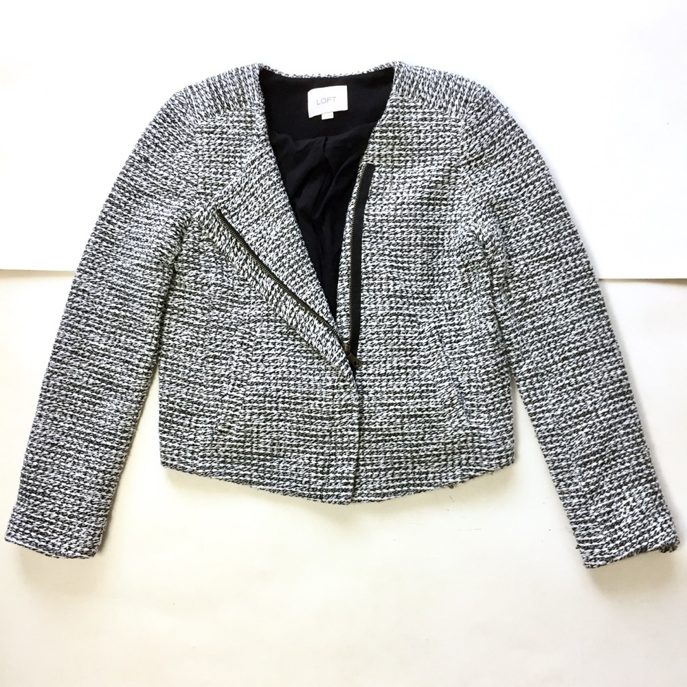 LOFT Black White Knit Cropped Blazer Jacket Size 6